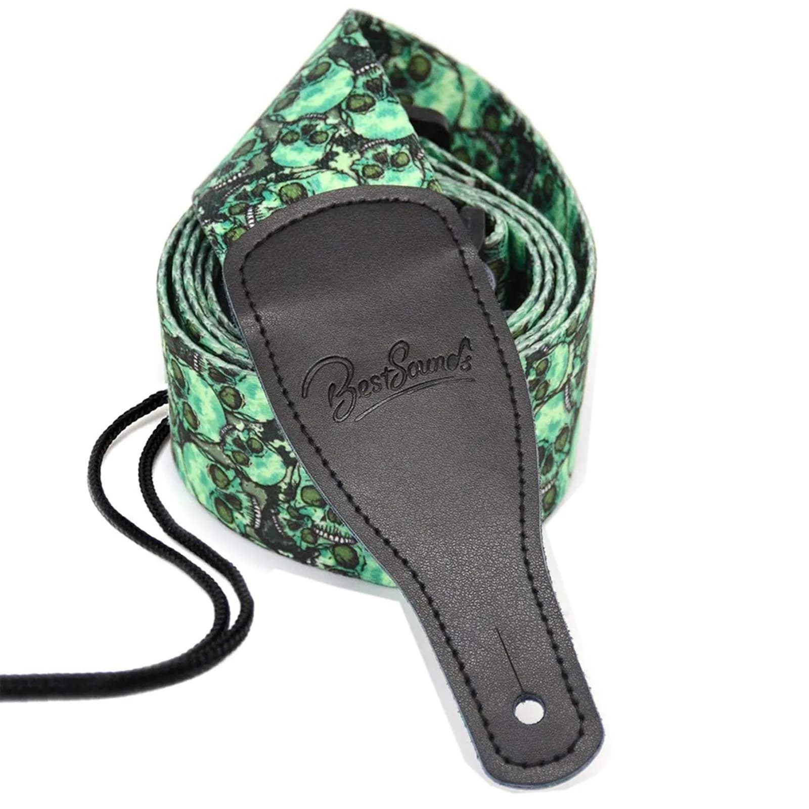 BestSounds Skull Guitar Strap & Genuine Leather Ends | Adjustable 2" Wide, Suitable for Bass, Electric & Acoustic Guitars — Green Skull