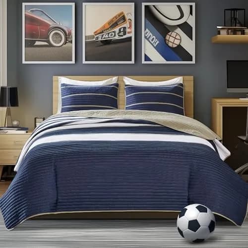 Comfort Spaces Twin XL Quilt Set Lightweight Kids Coverlet 66"x90" | Striped Blue thumbnail 1