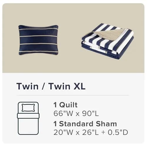 Comfort Spaces Twin XL Quilt Set Lightweight Kids Coverlet 66"x90" | Striped Blue thumbnail 5