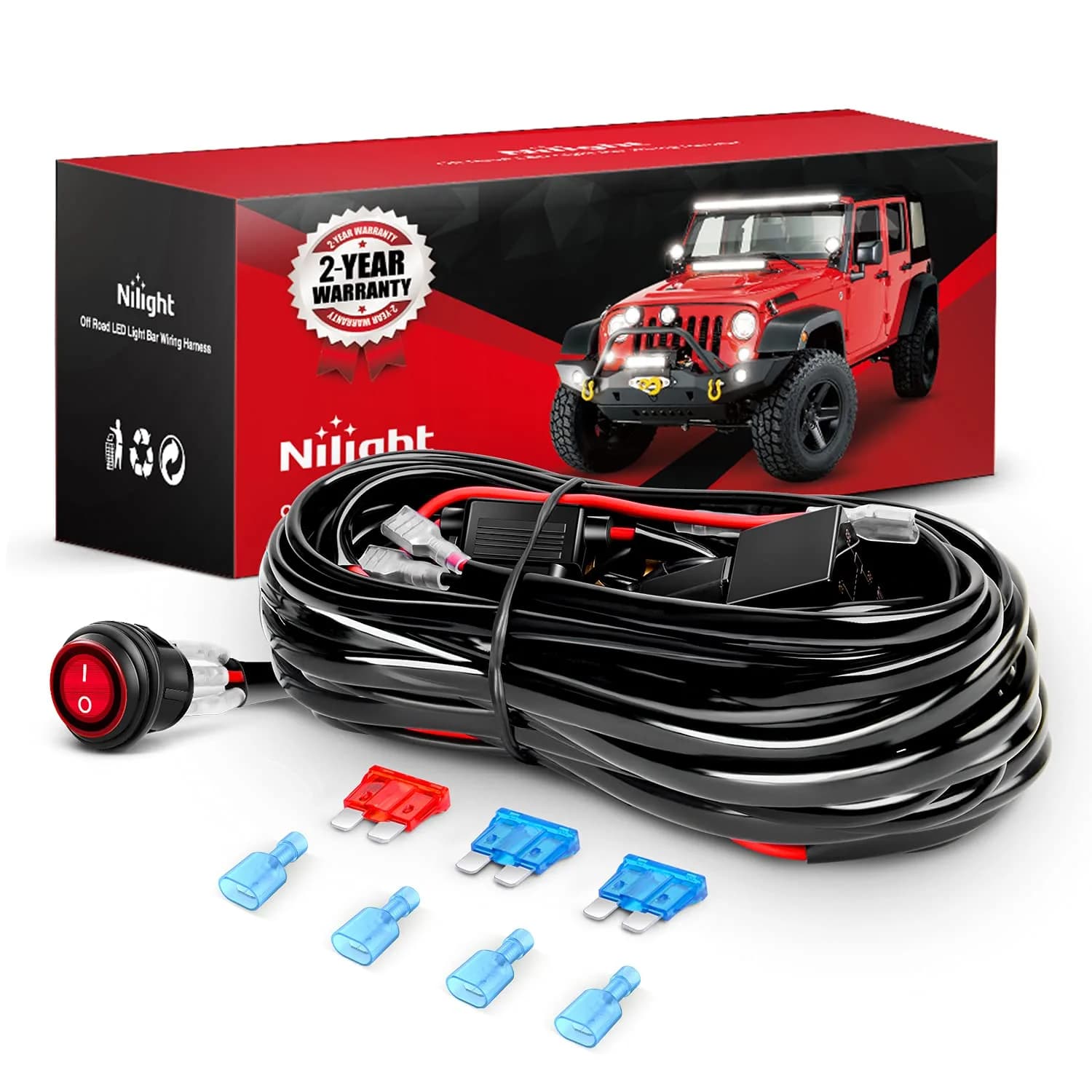 Nilight NI-WA 06 LED Light Bar Wiring Harness Kit with 2 Leads, 12V On/Off Switch, Relay & Fuse | 3.05 m (10 ft) Cable — 16AWG Wiring Harness Kit - 2 Leads
