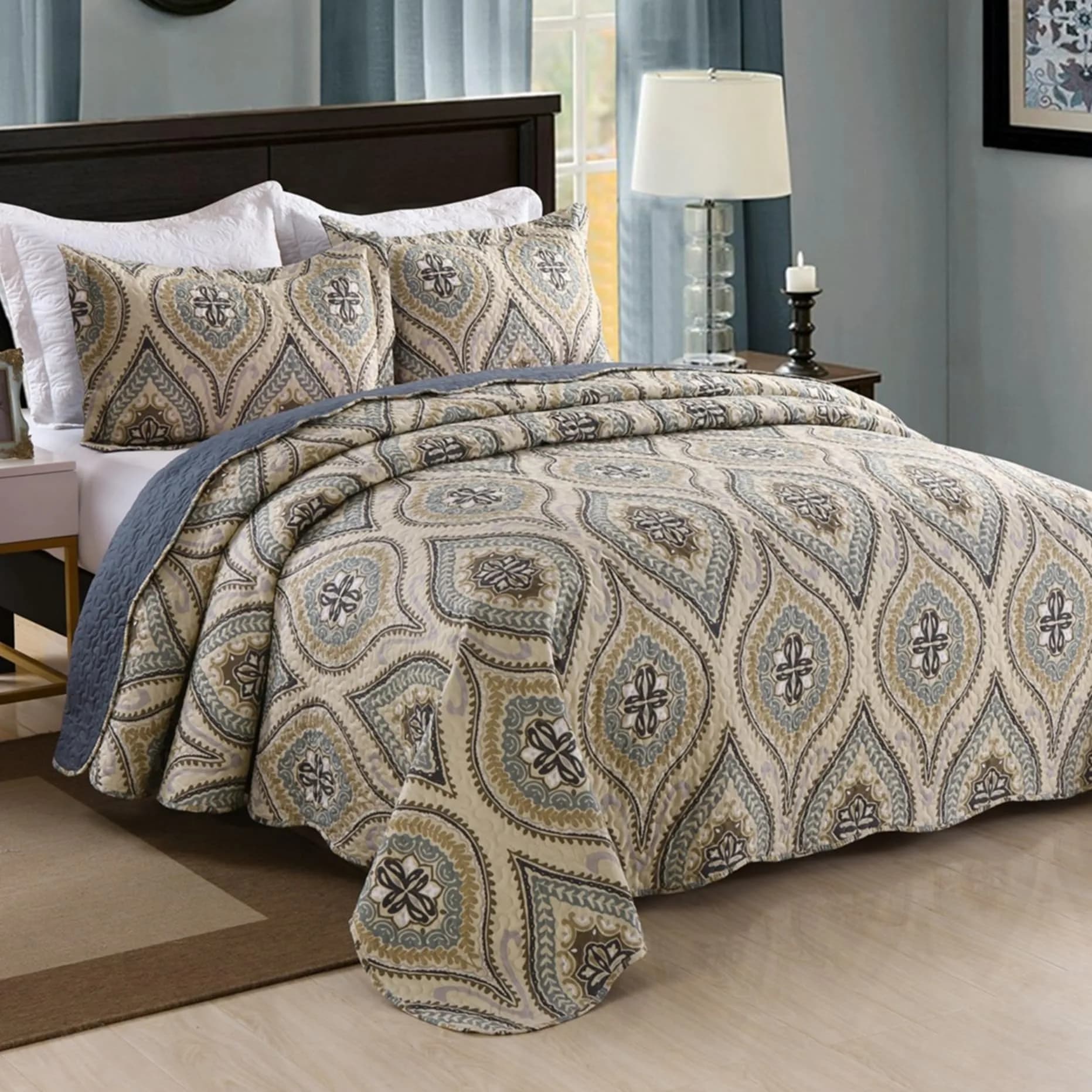 MarCielo 3 Piece Quilted Bedspread Queen | Oversized Lightweight Bedding Ensemble with Floral Pattern