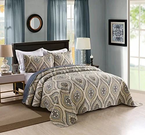 MarCielo 3 Piece Quilted Bedspread Queen | Oversized Lightweight Bedding Ensemble with Floral Pattern thumbnail 3