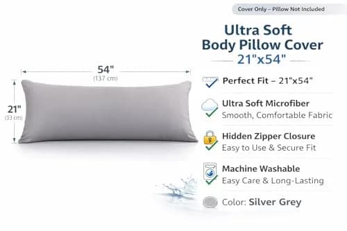 EVOLIVE Silver Grey Microfiber Body Pillow Cover 21"x54" | Ultra-Soft Breathable Microfiber thumbnail 3
