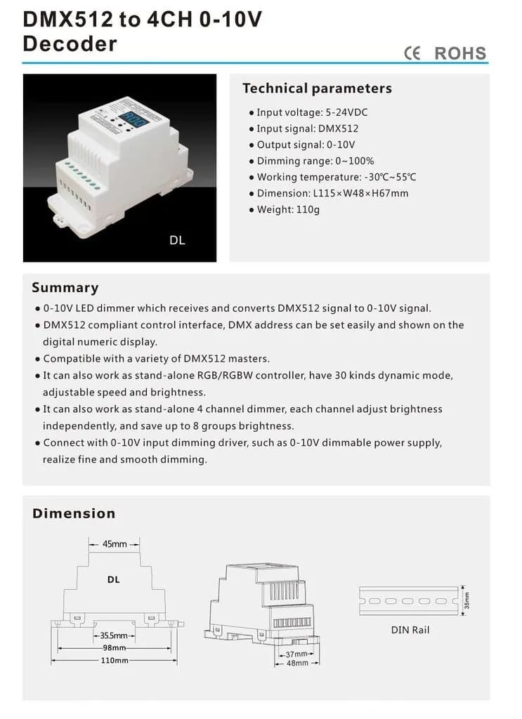 Nutbro DMX512 to 0-10V Decoder 4-Channel Dimmer 5-24VDC | RGB/RGBW Controller with Digital Display - view 3