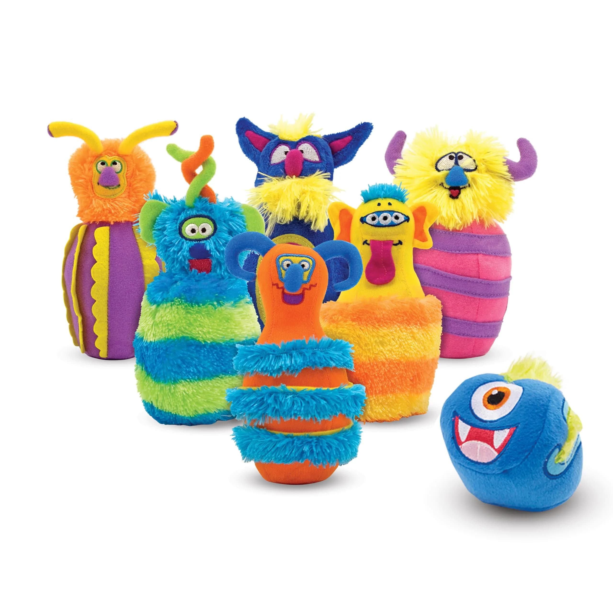 Melissa & Doug Fuzzy Monster Bowling Pins and Ball with Mesh Storage Bag - 8 Pieces Toddler Plush Indoor Bowling Set, for Toddlers and Kids Ages 2+ | Plush, Stable, Touchable Textures