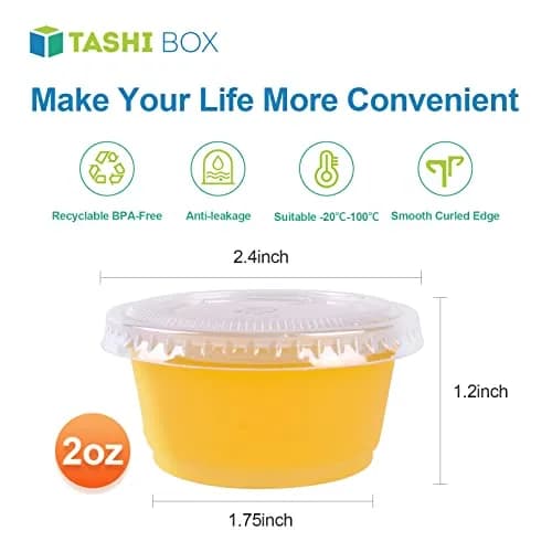 TashiBox 200 Pack of 2-Ounce Disposable Plastic Jello Shot Cups with Lids | Clear, Leak Proof, Food Grade thumbnail 2
