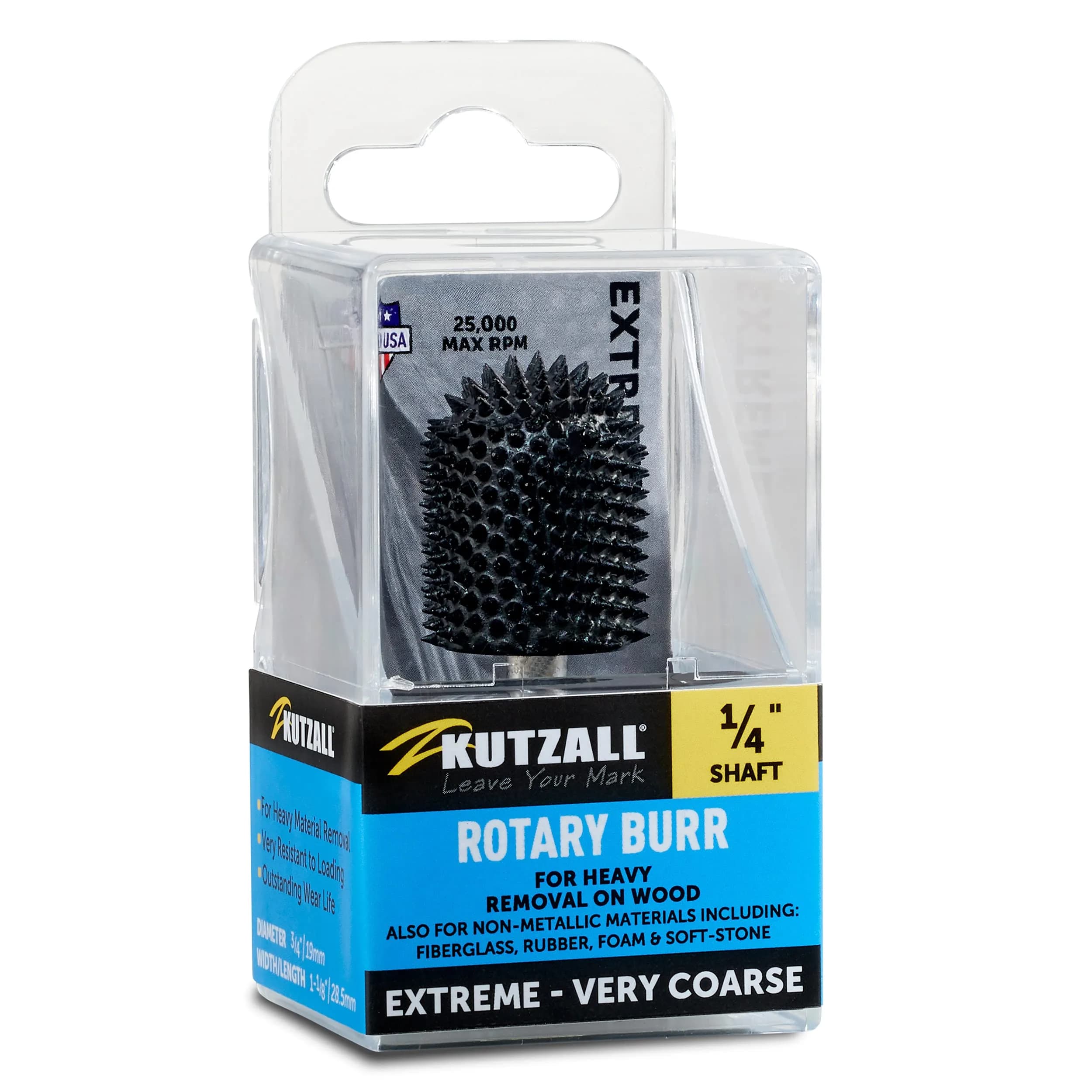 Kutzall Extreme Ball Nose Rotary Burr 1/4" Shaft, Very Coarse - 19mm (3/4") Dia. X 28.5mm (1-1/8") Length | Tungsten Carbide Wood Carving Bit - main product image