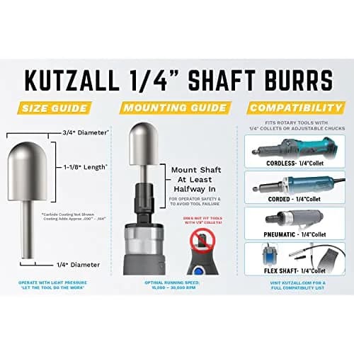 Kutzall Extreme Ball Nose Rotary Burr 1/4" Shaft, Very Coarse - 19mm (3/4") Dia. X 28.5mm (1-1/8") Length | Tungsten Carbide Wood Carving Bit thumbnail 3