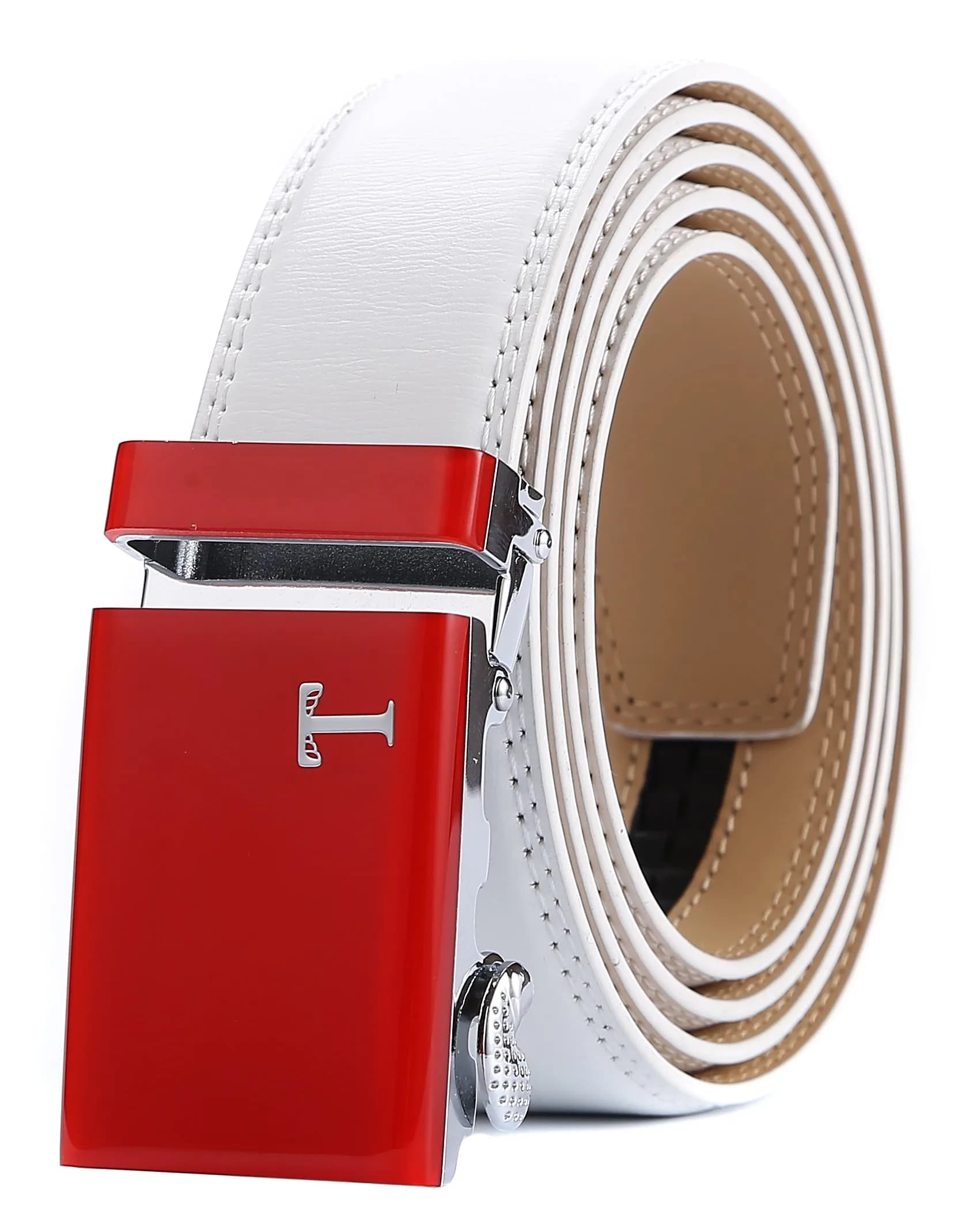 Tonywell Mens Belts Leather Ratchet, Red | Adjustable Casual & Dress Belt for Men — White Leather&red Buckle