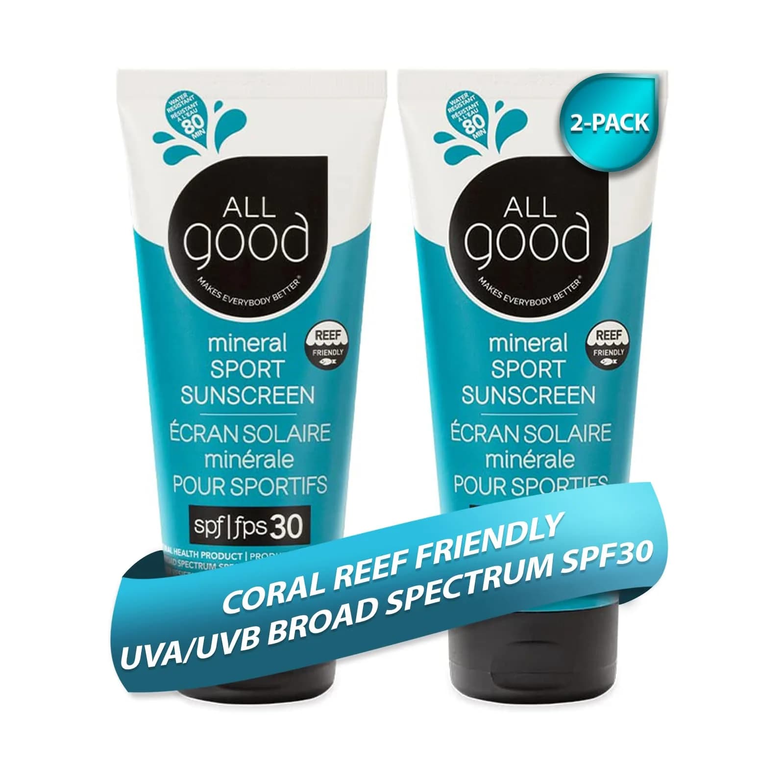 All Good Sport Mineral Sunscreen Lotion - Coral Reef Friendly, Water & Sweat Resistant, Face & Body, UVA/UVB Broad Spectrum SPF 30+ (3 oz) (3-Pack) — 2-Pack