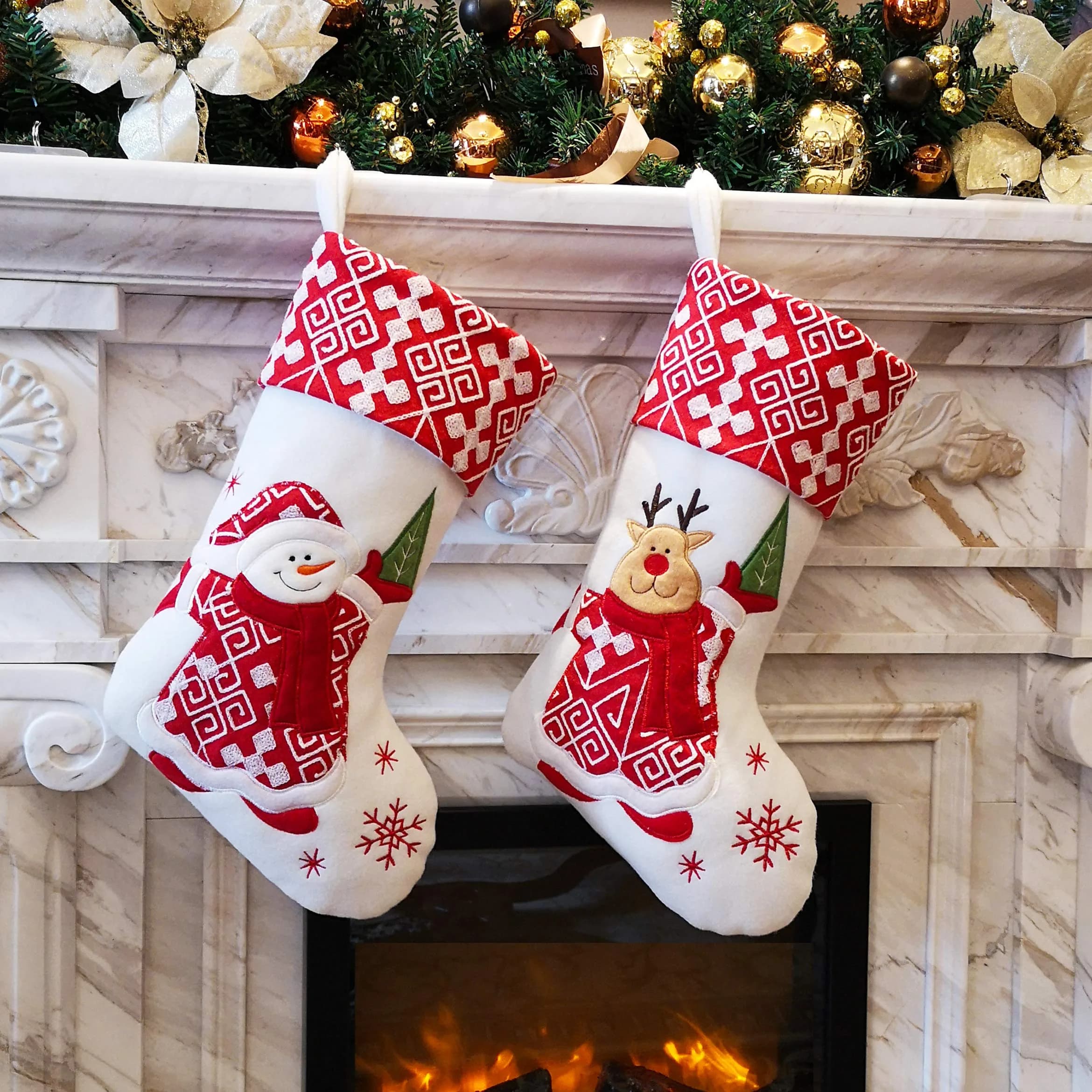 WEWILL Classic Christmas Stockings Set of 2 Elk, Snowman 17 inch | Festive Holiday Decor — Style 4