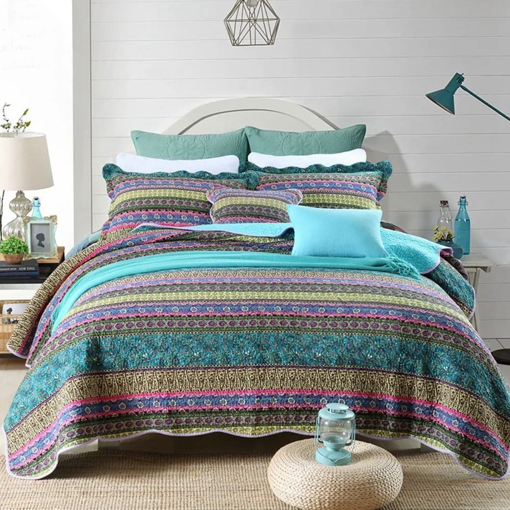 NEWLAKE King Size Bedspread Quilt Set | Patchwork Cotton & Microfiber, All Year Comfort — Striped Jacquard