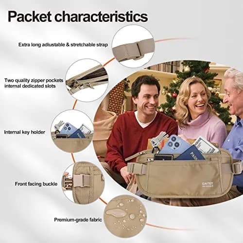 DAITET RFID Blocking Money Belt Passport Holder with Hidden Travel Wallet & Fanny Pack (Beige, 11.2" x 5.5") thumbnail 8
