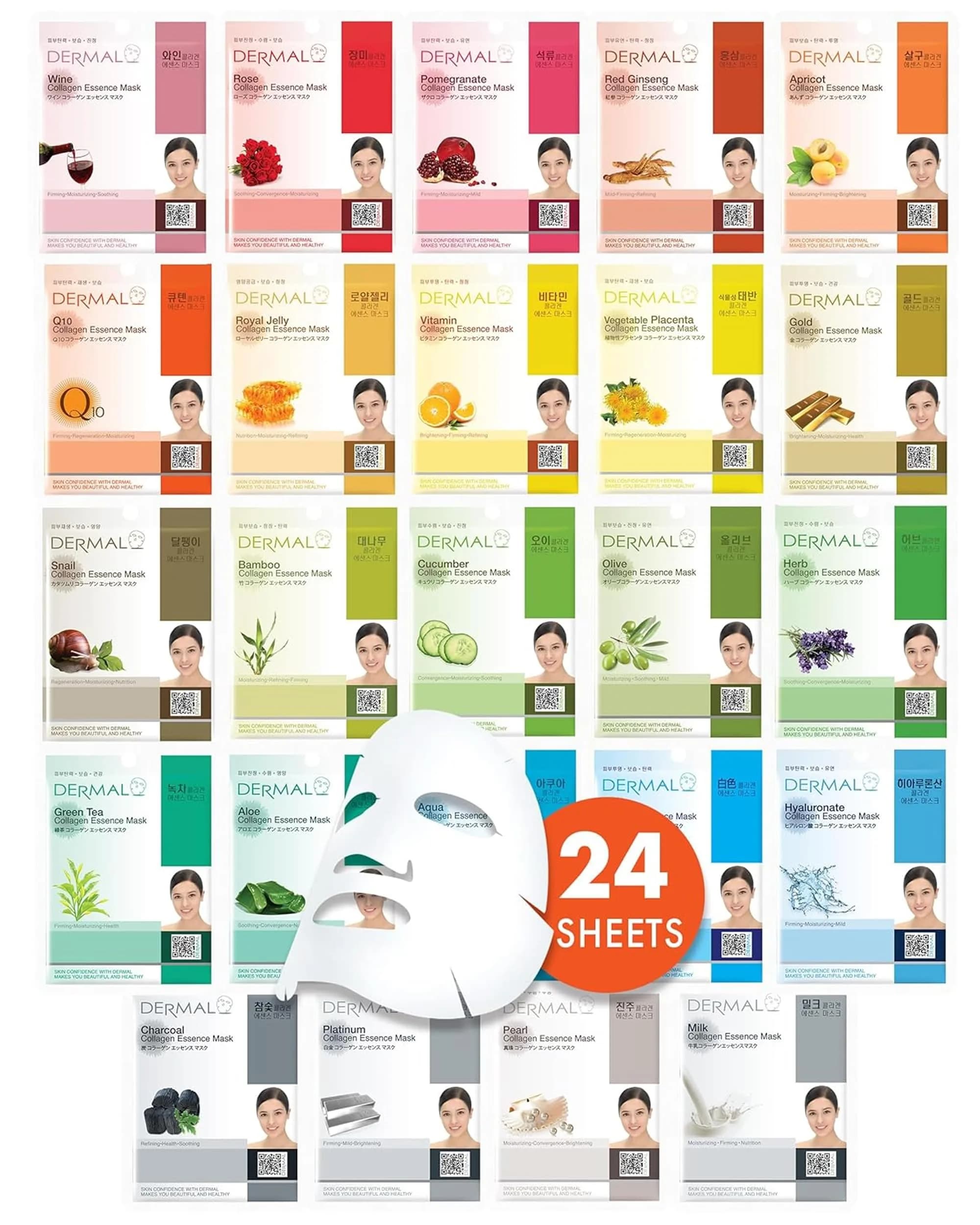 DERMAL 24 Combo Korean Essence Sheet Mask Variety Pack, Collagen & More | 24 Masks (552ml) — Sheet