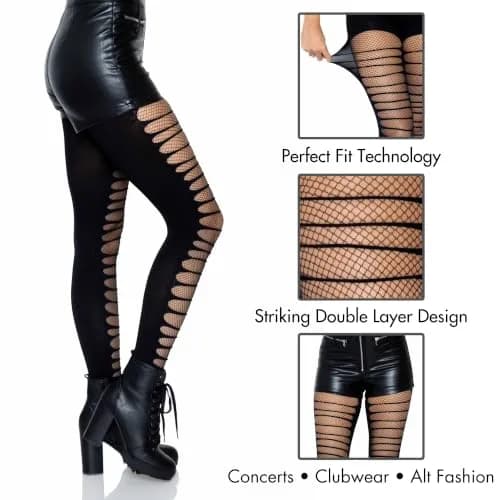 Leg Avenue Dark Alternative Fishnet Tights One Size | Edgy Ripped Pattern with High Waist Fit thumbnail 2