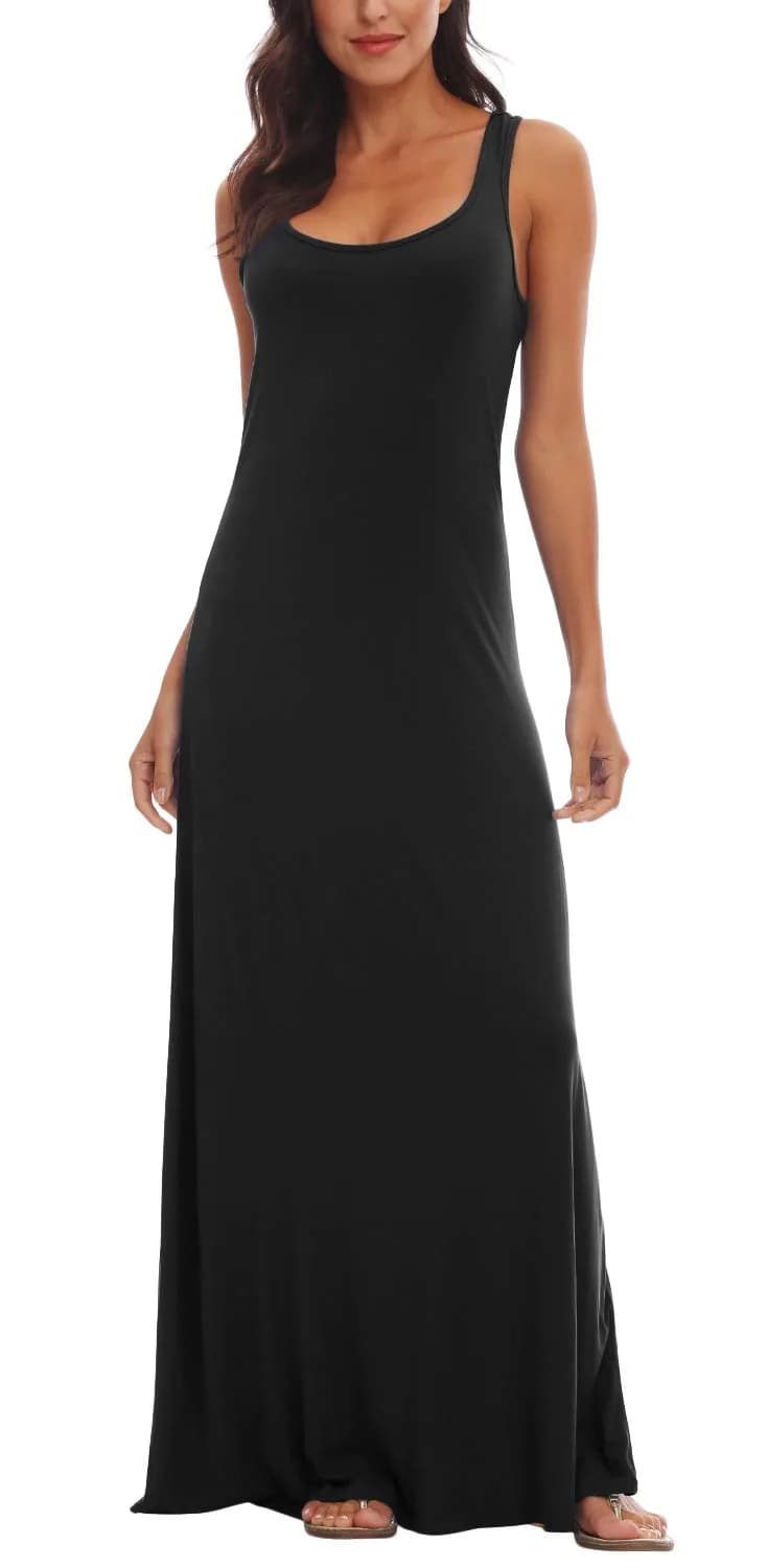 Urban CoCo Women's Scoop Neck Solid Sleeveless Maxi Dress 95% Polyester 5% Spandex | Casual Summer Beach Wear — Black