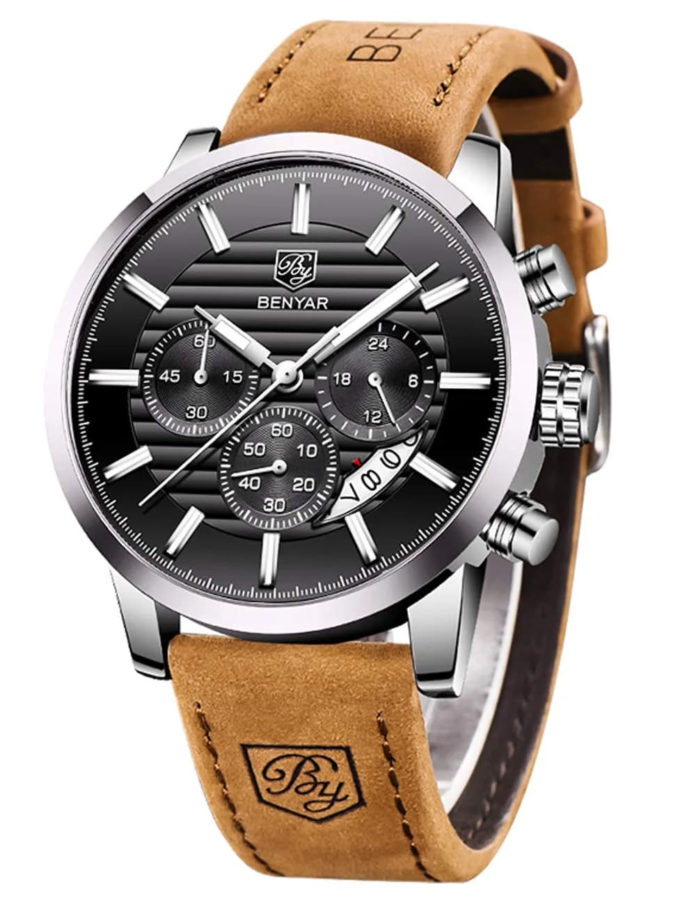 BY BENYAR Men's Chronograph Watch 44mm (1.73 inch) | Analog Quartz with Leather Strap — Brown Silver Black