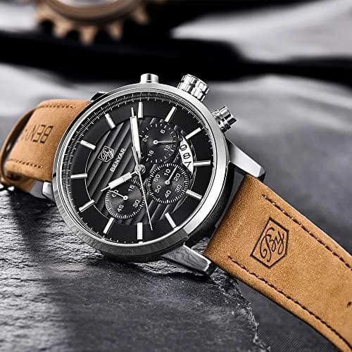 BY BENYAR Men's Chronograph Watch 44mm (1.73 inch) | Analog Quartz with Leather Strap thumbnail 5