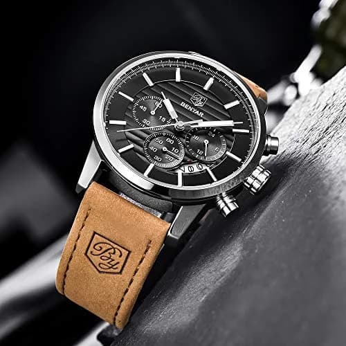 BY BENYAR Men's Chronograph Watch 44mm (1.73 inch) | Analog Quartz with Leather Strap thumbnail 6