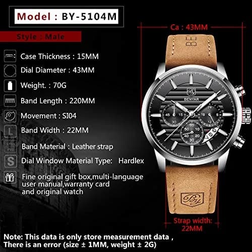 BY BENYAR Men's Chronograph Watch 44mm (1.73 inch) | Analog Quartz with Leather Strap thumbnail 7