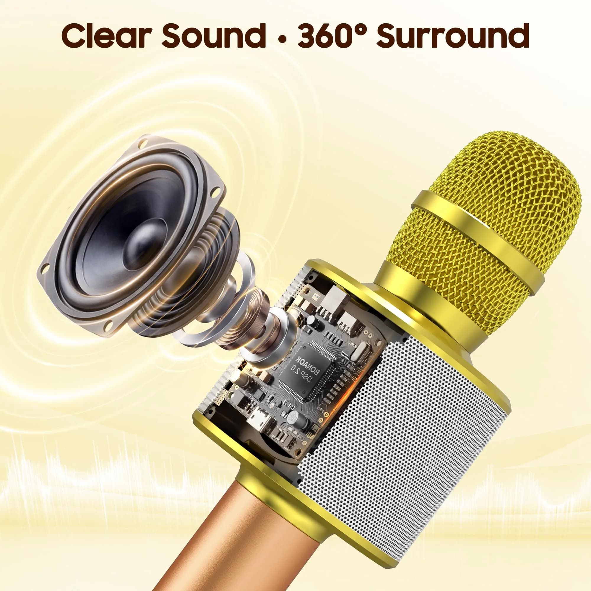 BONAOK Q37 Gold Wireless Bluetooth Karaoke Microphone with Built-in Speaker for Smartphones & Parties - view 2