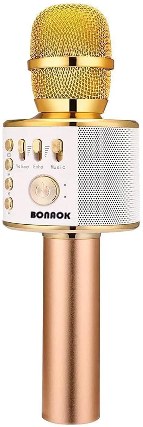 BONAOK Wireless Bluetooth Karaoke Microphone Q37 Black | Portable Handheld Mic Speaker for Smartphones & Parties — Gold
