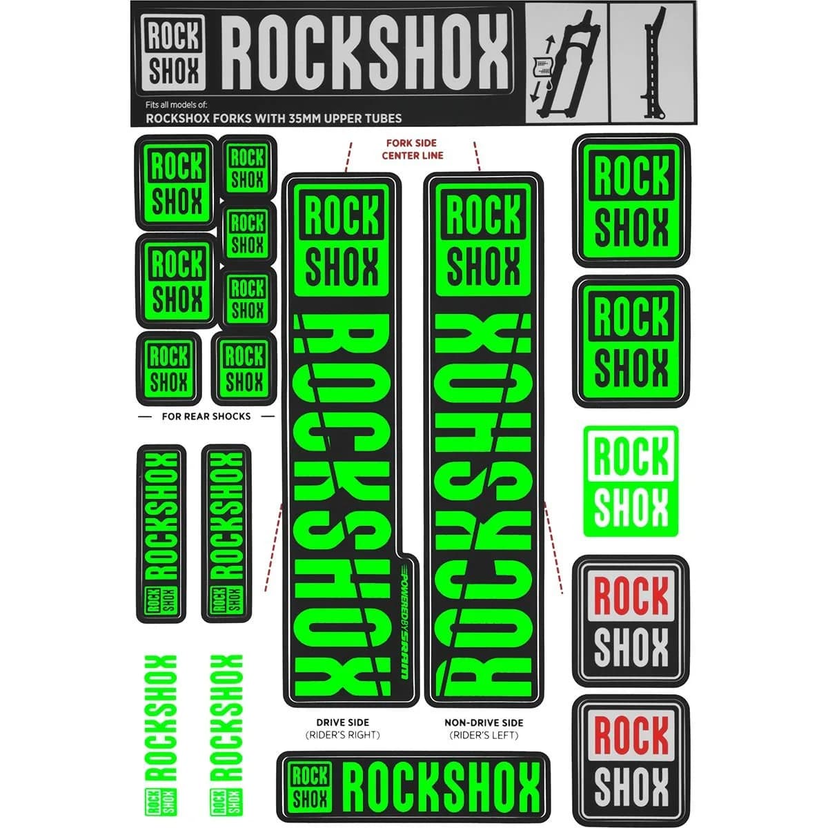 RockShox Decal Kit, 35mm, Green Color Matching Kit | Fresh Clean Sticker Technology