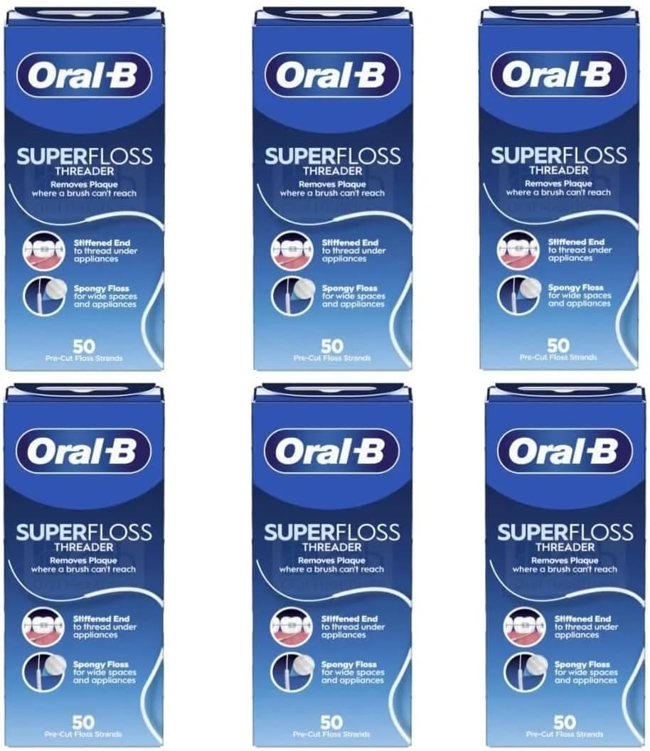 Oral-B Super Floss Mint Dental Floss 300 Strands (Pack of 6) | Three-in-One Design for Braces & Bridges - main product image