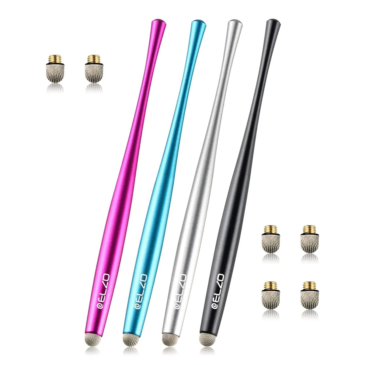 ELZO Capacitive Stylus Pens Premium Metal Slim Combo 4 Pcs Tips for All Touch Screens iPad & Android Tablets DELL/Samsung/HP/Asus/Surface/Samsung/iPhone/LG — Black, Silver, Rose red, Light Blue