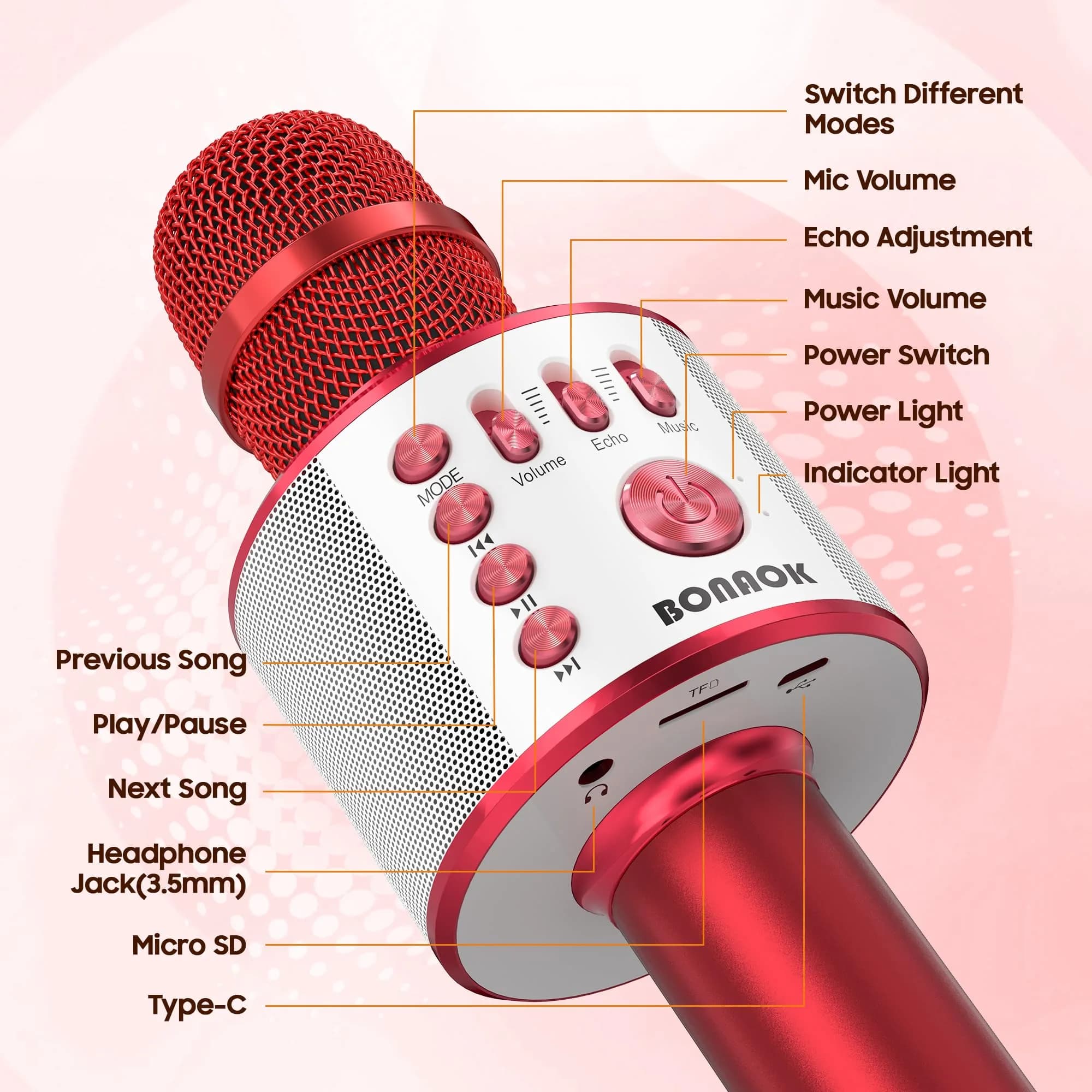 BONAOK Q37 Wireless Bluetooth Karaoke Microphone Red | Portable Handheld Mic Speaker Machine for Parties & Smartphones - view 5
