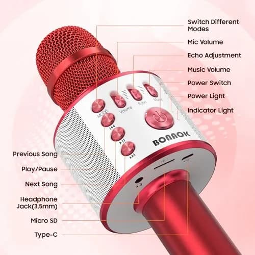 BONAOK Q37 Wireless Bluetooth Karaoke Microphone Red | Portable Handheld Mic Speaker Machine for Parties & Smartphones thumbnail 5