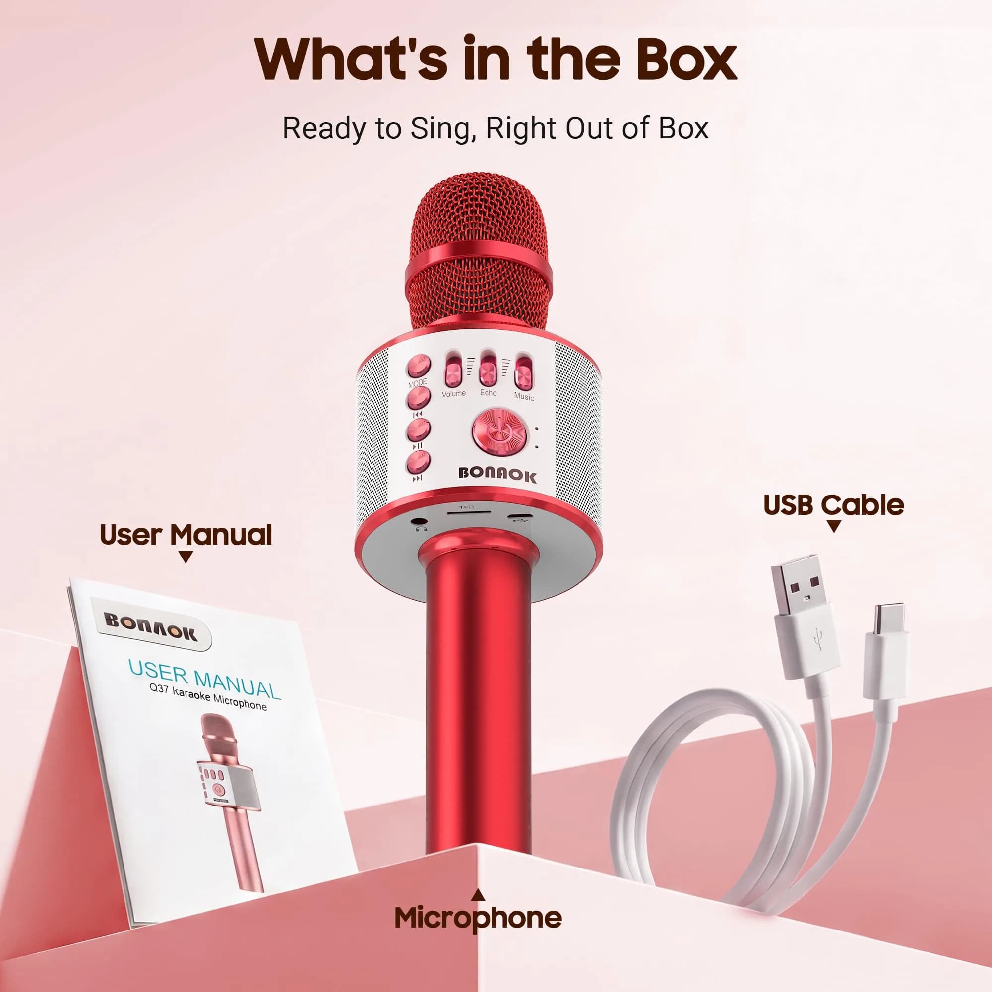 BONAOK Q37 Wireless Bluetooth Karaoke Microphone Red | Portable Handheld Mic Speaker Machine for Parties & Smartphones - view 6