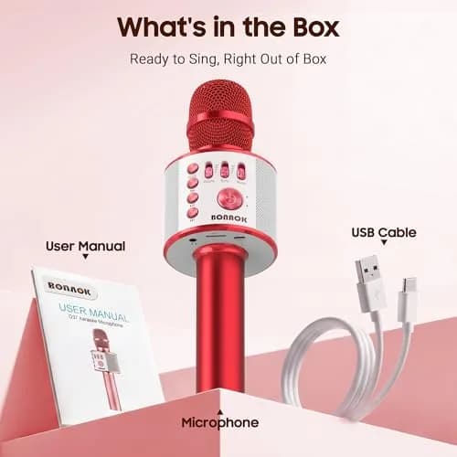 BONAOK Q37 Wireless Bluetooth Karaoke Microphone Red | Portable Handheld Mic Speaker Machine for Parties & Smartphones thumbnail 6