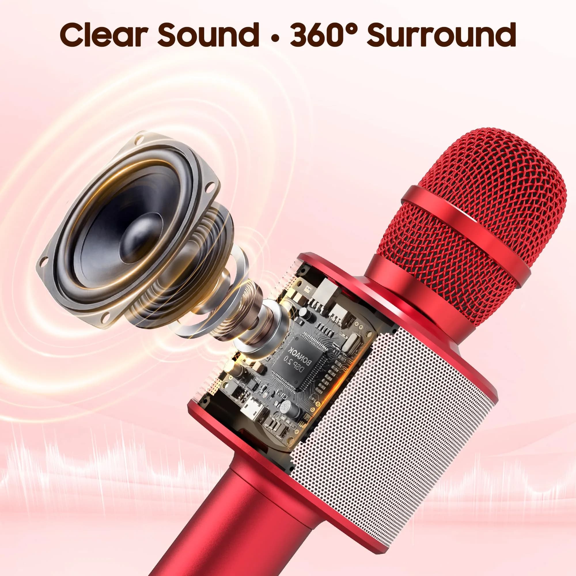 BONAOK Q37 Wireless Bluetooth Karaoke Microphone Red | Portable Handheld Mic Speaker Machine for Parties & Smartphones - view 2