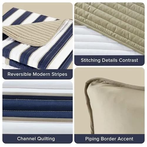 Comfort Spaces Striped Blue Queen Quilt Set Lightweight Kids Coverlet, 3pc | Modern Stripe Pattern for All Seasons thumbnail 4