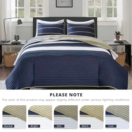 Comfort Spaces Striped Blue Queen Quilt Set Lightweight Kids Coverlet, 3pc | Modern Stripe Pattern for All Seasons thumbnail 7