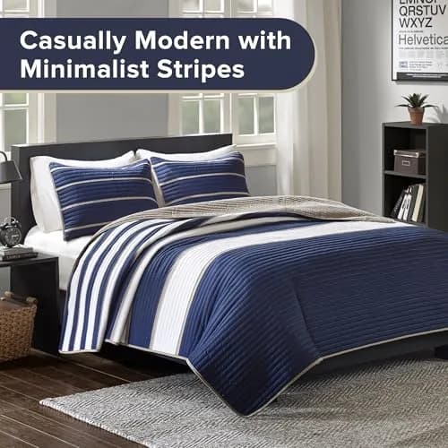 Comfort Spaces Striped Blue Queen Quilt Set Lightweight Kids Coverlet, 3pc | Modern Stripe Pattern for All Seasons thumbnail 2