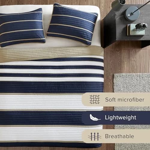 Comfort Spaces Striped Blue Queen Quilt Set Lightweight Kids Coverlet, 3pc | Modern Stripe Pattern for All Seasons thumbnail 3