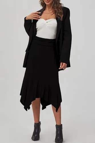 DJT Women's Flowy Handkerchief Hemline Midi Skirt Medium Black | Breathable Rayon & Spandex, Flattering Fit, Perfect for Summer & Autumn thumbnail 7