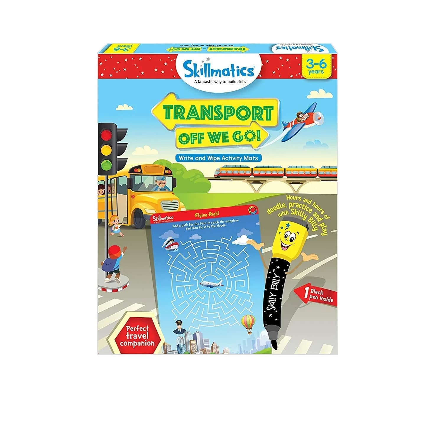 Skillmatics Shapes and Patterns Educational Game - Reusable Activity Mats with Dry Erase Marker, Ages 3-6 | Logical Reasoning & Creative Thinking — Transport Off We Go