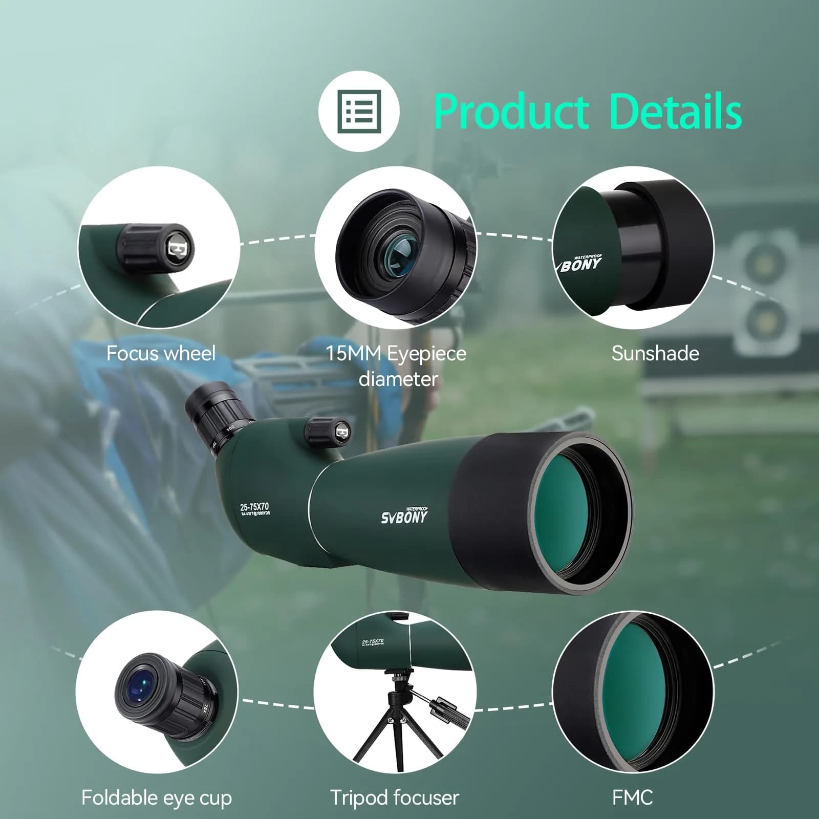 SVBONY SV28 Angled Spotting Scope 25-75x70mm with Tripod & Phone Adapter | Target Shooting Optics - view 8