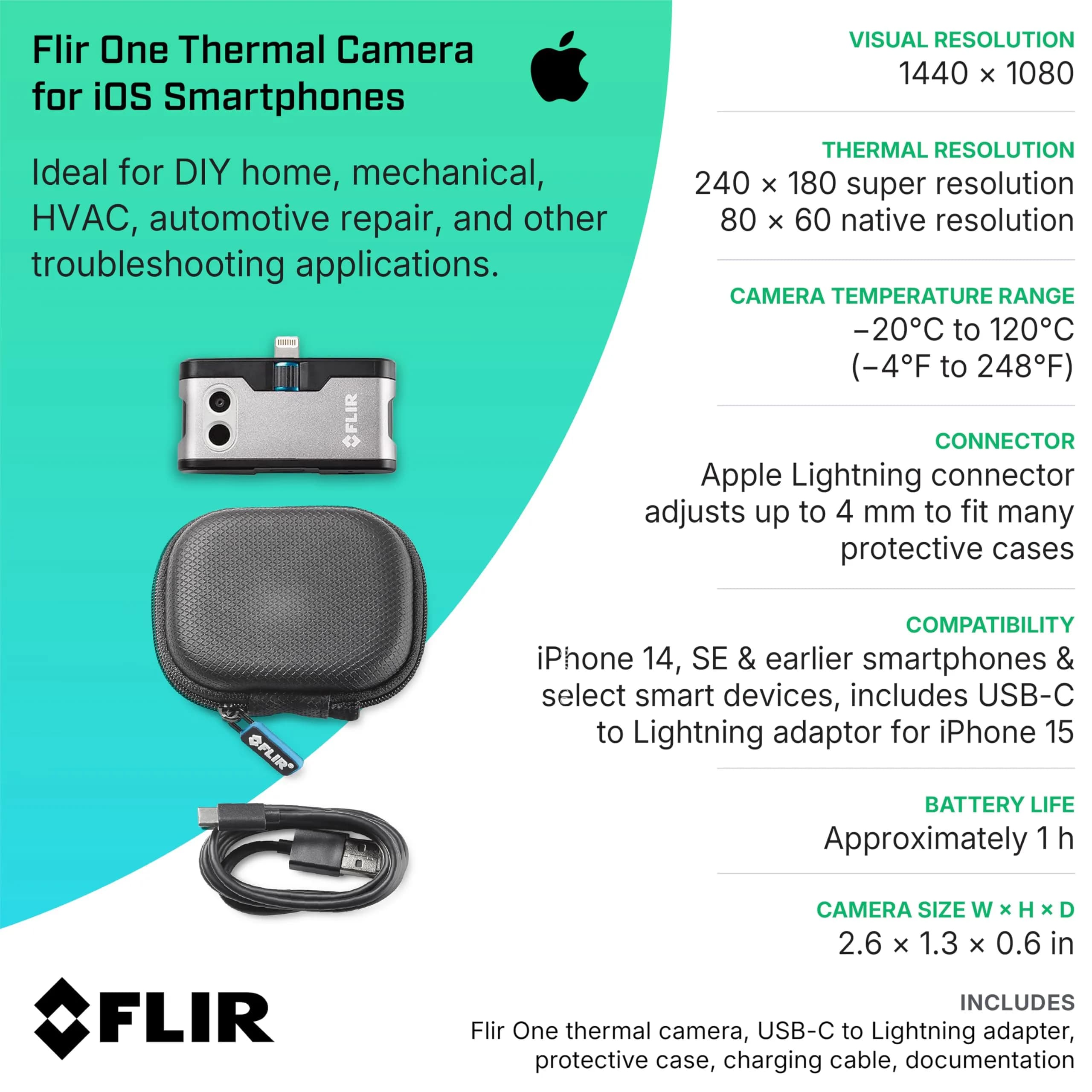FLIR ONE Thermal Imaging Camera for iOS Smartphones (iPhone 14 & Older), 240x180 Super Resolution (80x60 Native IR) | Jobsite Tough - view 9