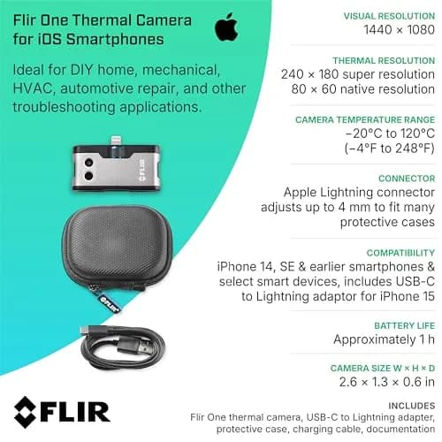 FLIR ONE Thermal Imaging Camera for iOS Smartphones (iPhone 14 & Older), 240x180 Super Resolution (80x60 Native IR) | Jobsite Tough thumbnail 9