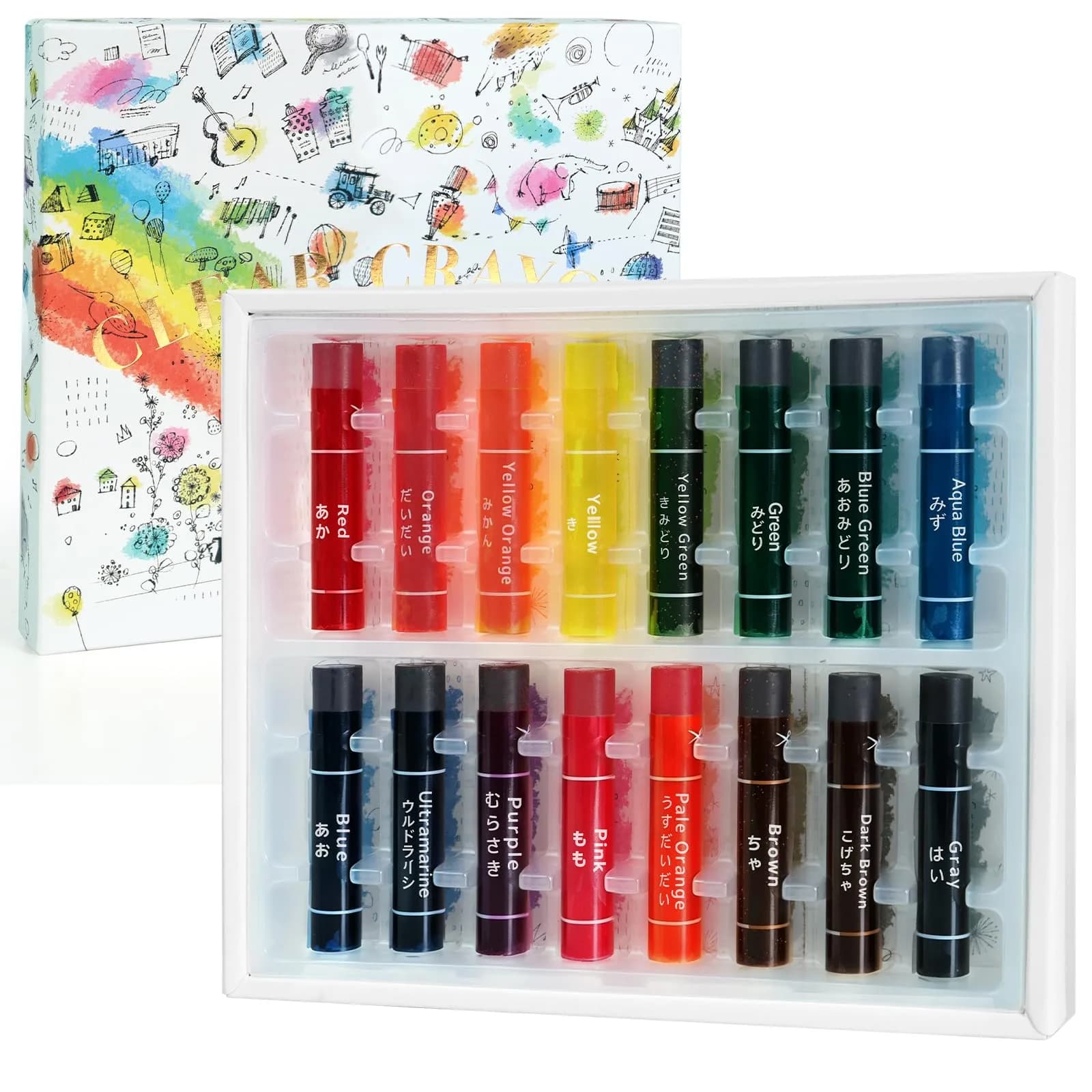 KOKUYO Transparent Crayons, 16 Colors | Oil Gel Crayon for Art Students & Hobbyists — Transparent