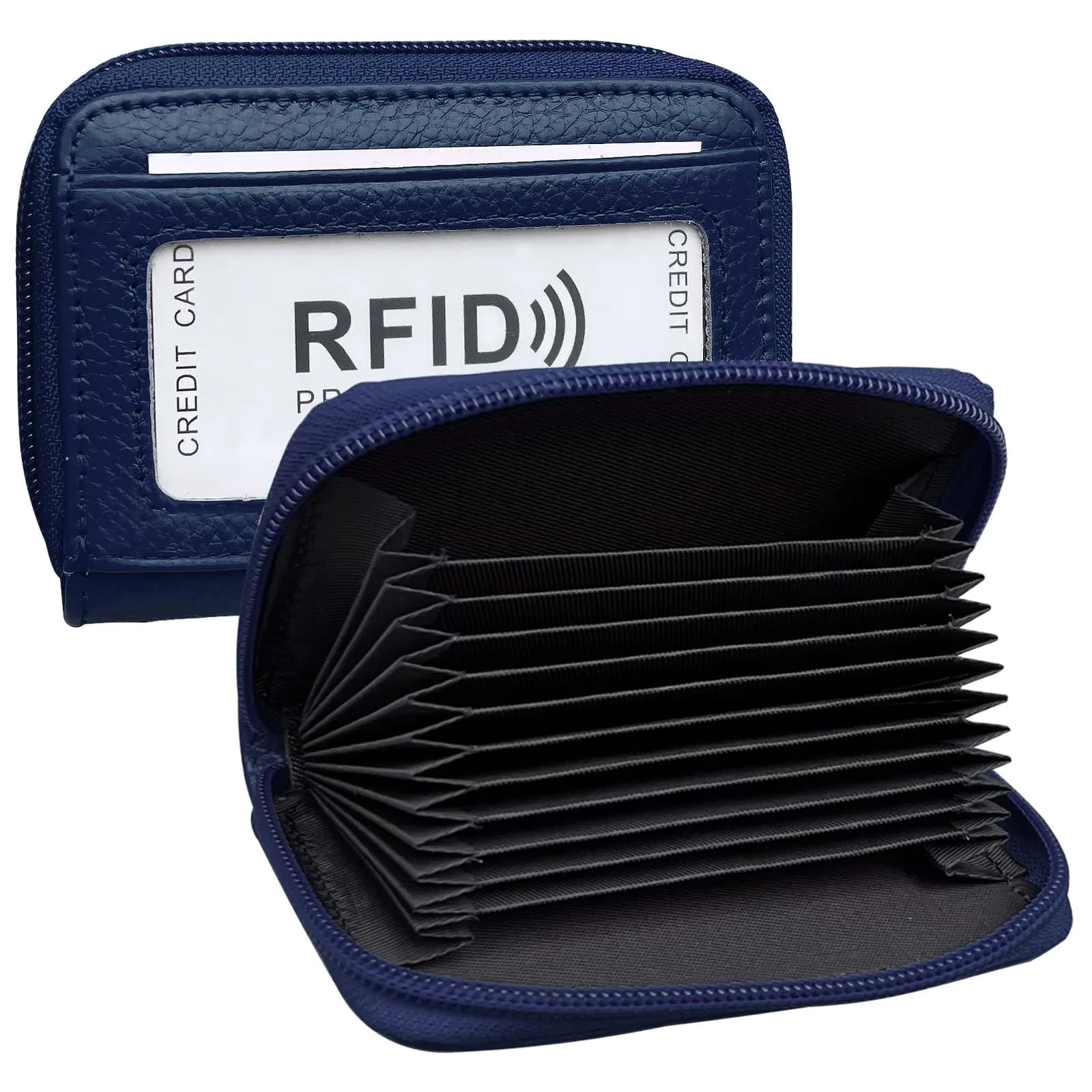 ZHOMA RFID Blocking Genuine Leather Credit Card Case Holder Security Travel Wallet - Rose | Protects Cards from RFID Scans — Navy Blue