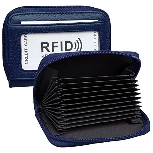 ZHOMA RFID Blocking Genuine Leather Credit Card Holder Wallet - Navy Blue | 11 Card Slots thumbnail 1