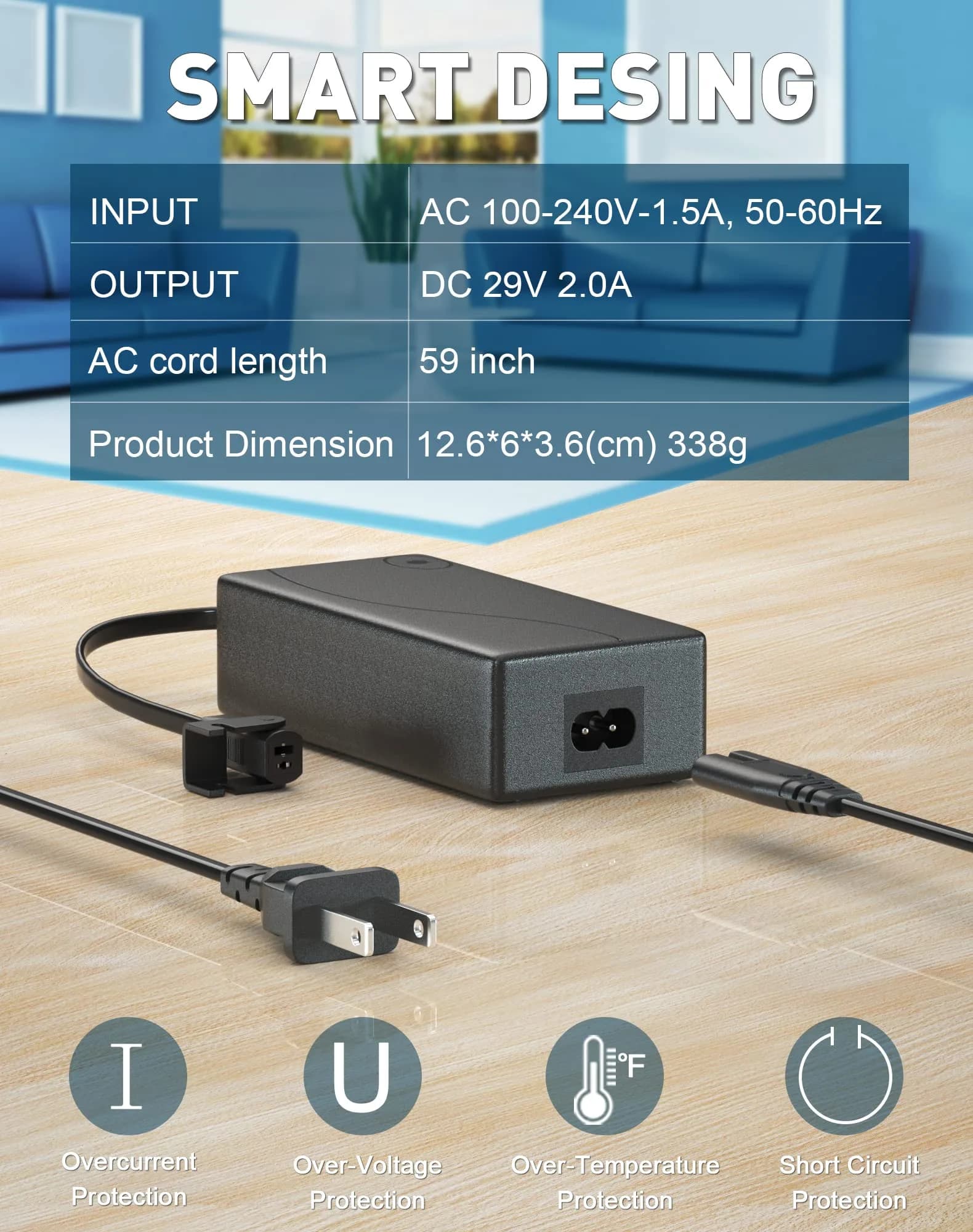Ponkor 29V/24V 2A Power Supply Adapter with AC Cord | Universal Recliner Replacement - view 2