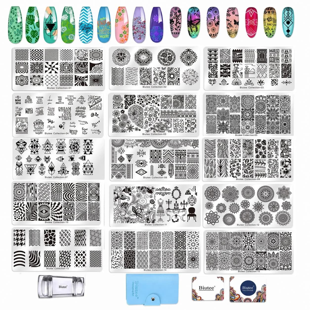Biutee 19pcs Nail Art Stamping Plates Set with Stamper & Scraper | 15 Plates for Leaves, Flowers, Animals — 19 Piece Set