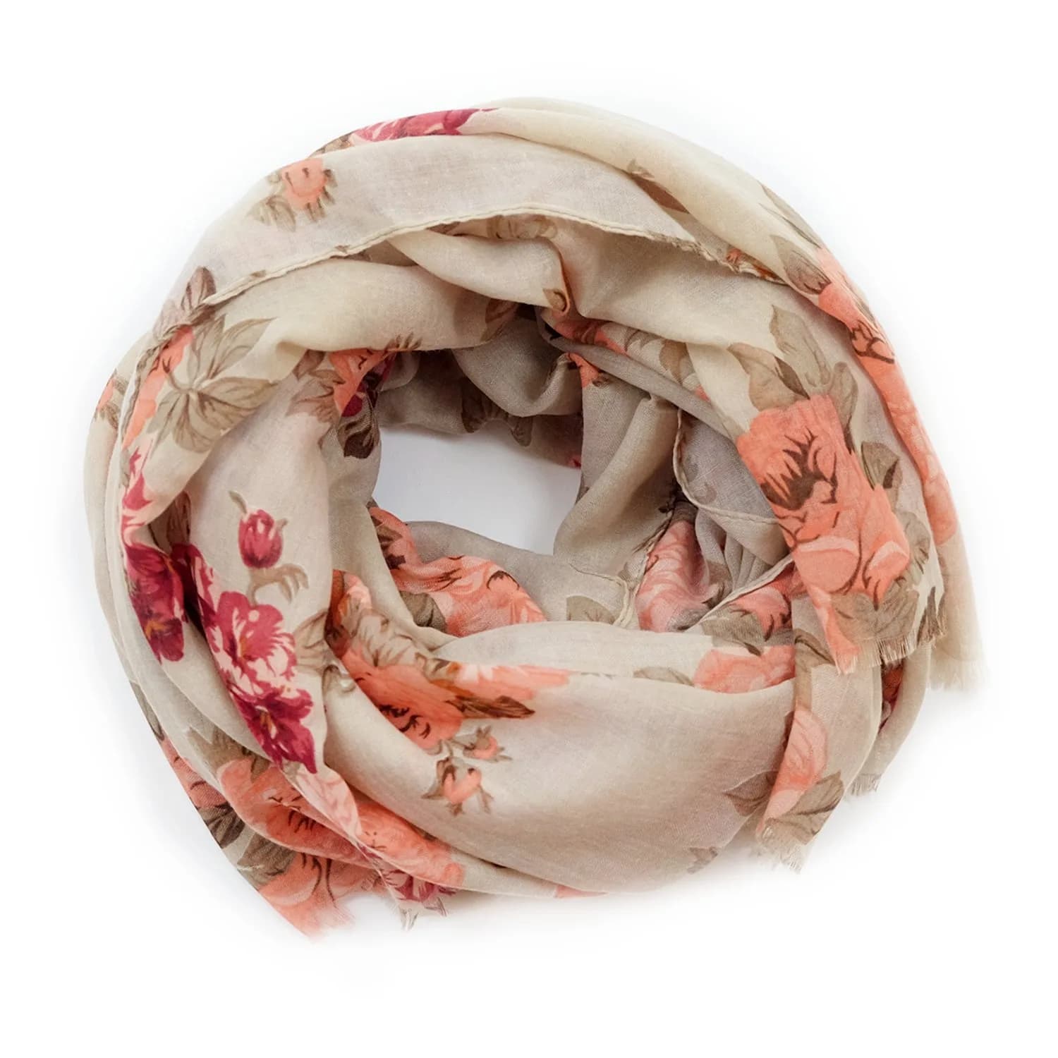 MIMOSITO Lightweight Floral Flower Scarf for Women | Elegant Fall & Winter Wrap (Beige-Peach Rose)