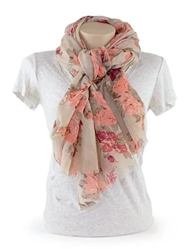 MIMOSITO Lightweight Floral Flower Scarf for Women | Elegant Fall & Winter Wrap (Beige-Peach Rose) thumbnail 3